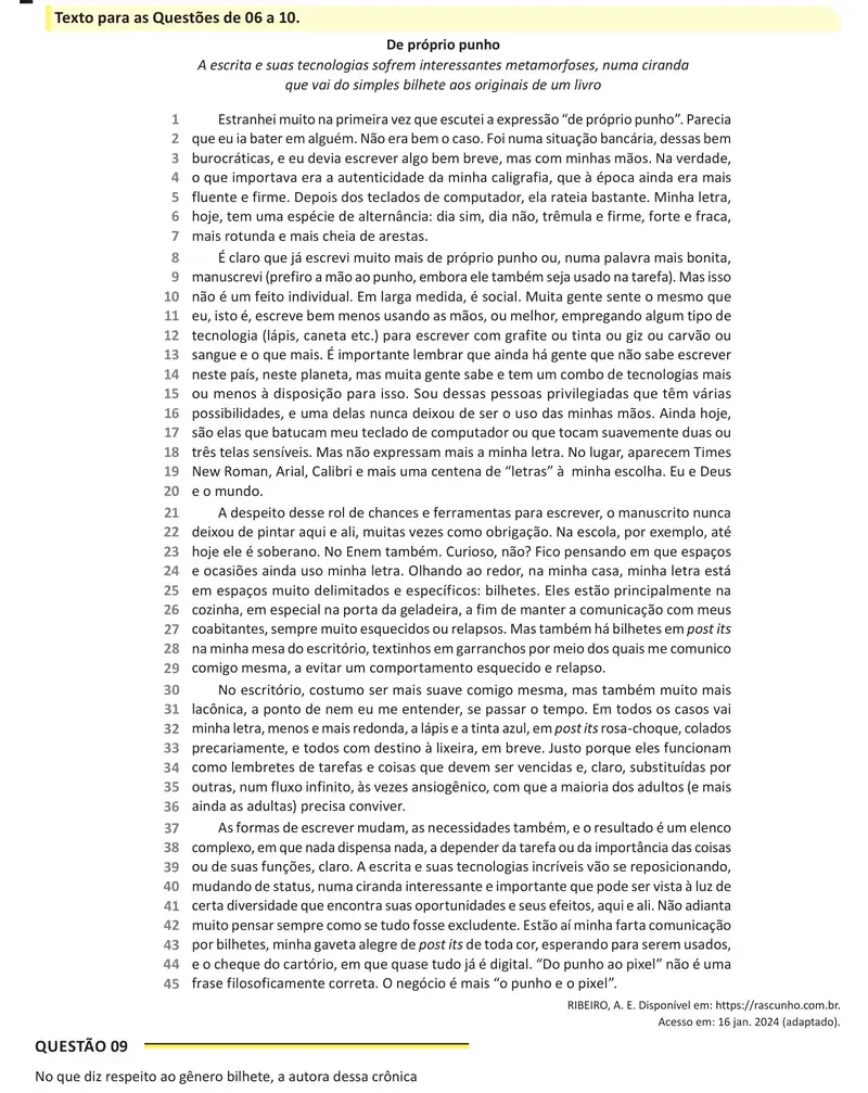 Enunciado da questão 9 do ENEM 2025 Dia 1