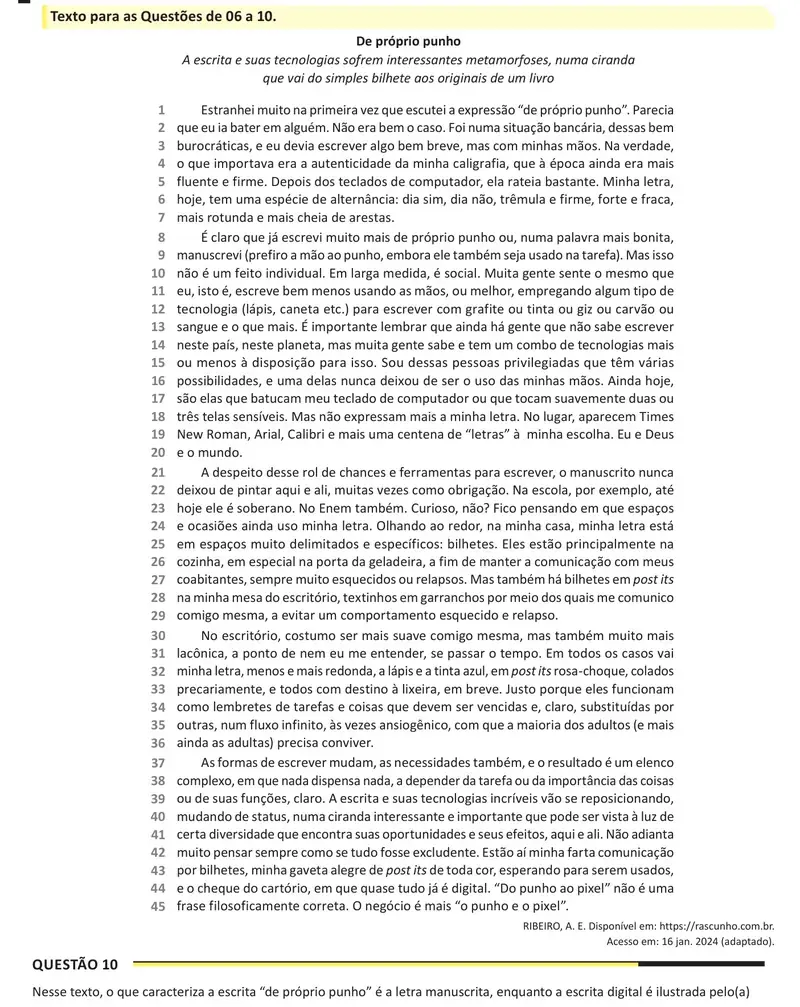 Enunciado da questão 10 do ENEM 2025 Dia 1