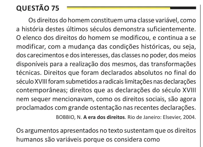 Enunciado da questão 75 do ENEM 2025 Dia 1