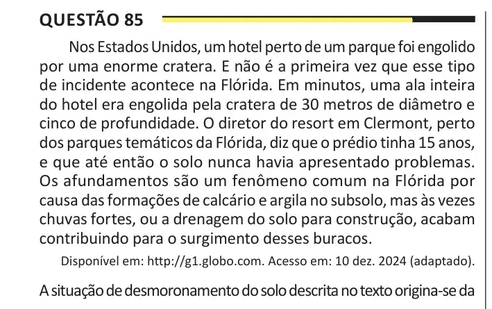 Enunciado da questão 85 do ENEM 2025 Dia 1