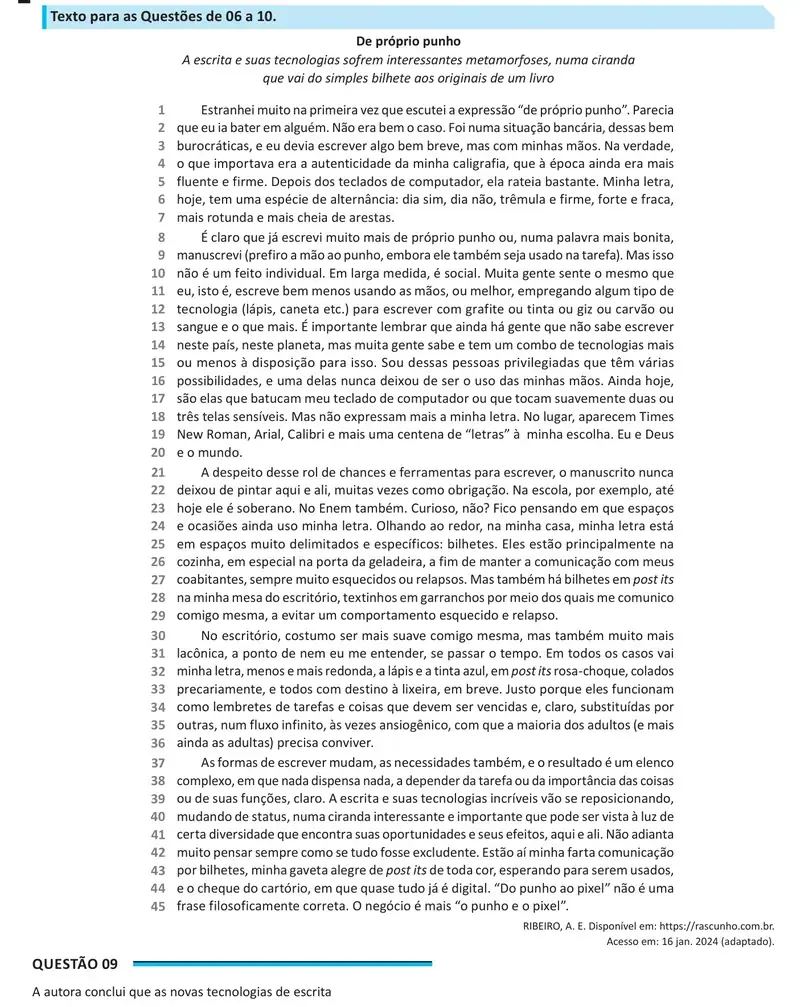 Enunciado da questão 9 do ENEM 2025