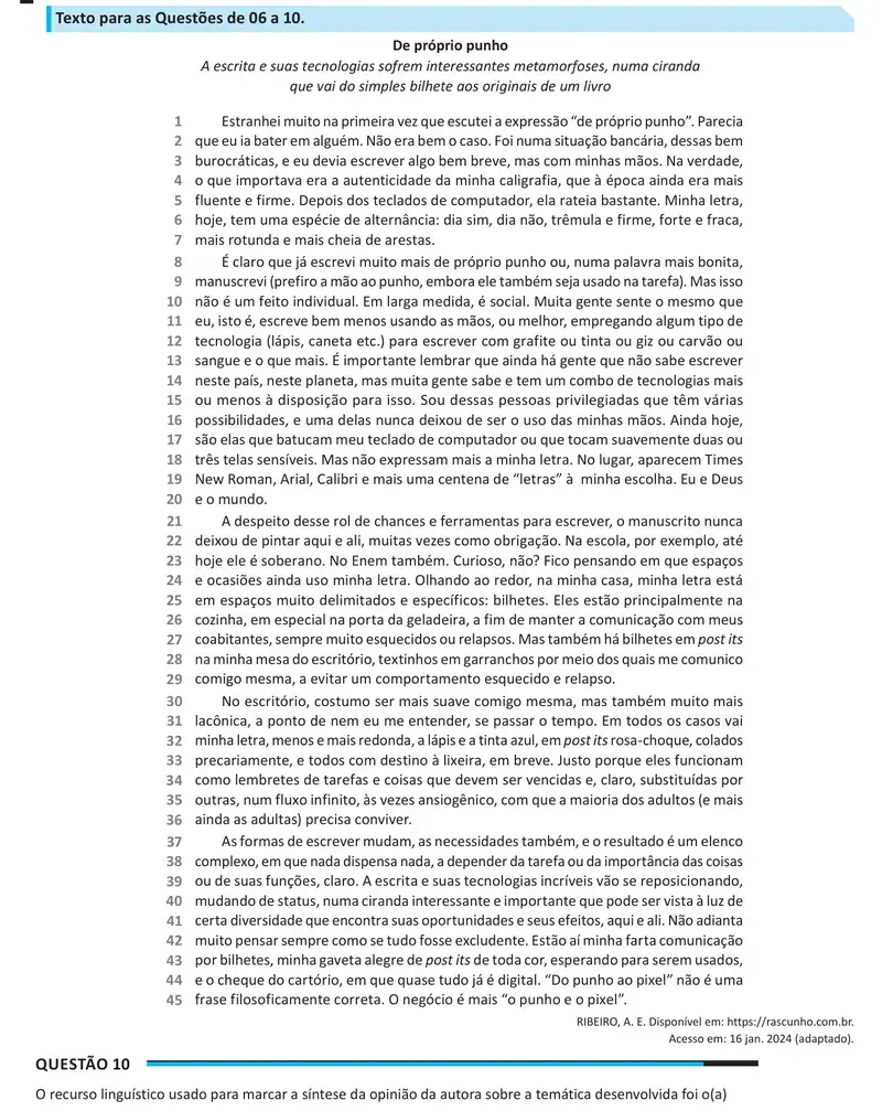 Enunciado da questão 10 do ENEM 2025