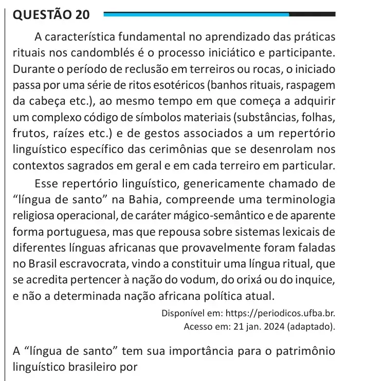 Enunciado da questão 20 do ENEM 2025