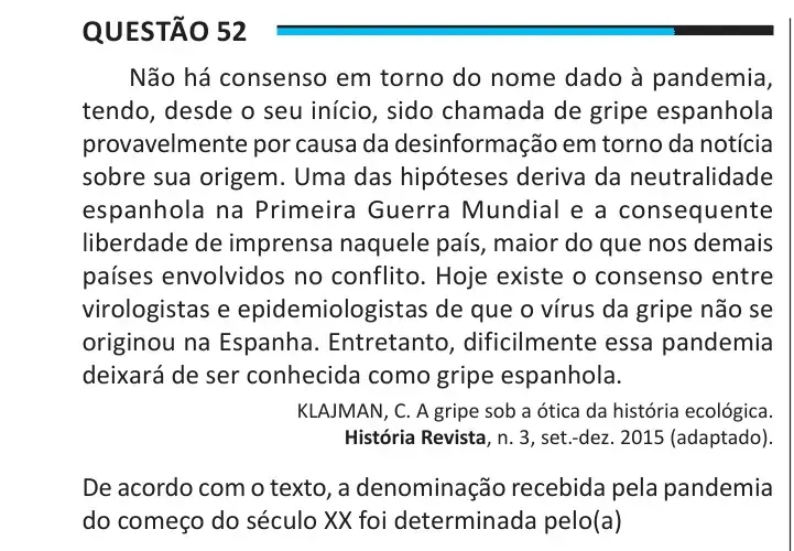 Enunciado da questão 52 do ENEM 2025