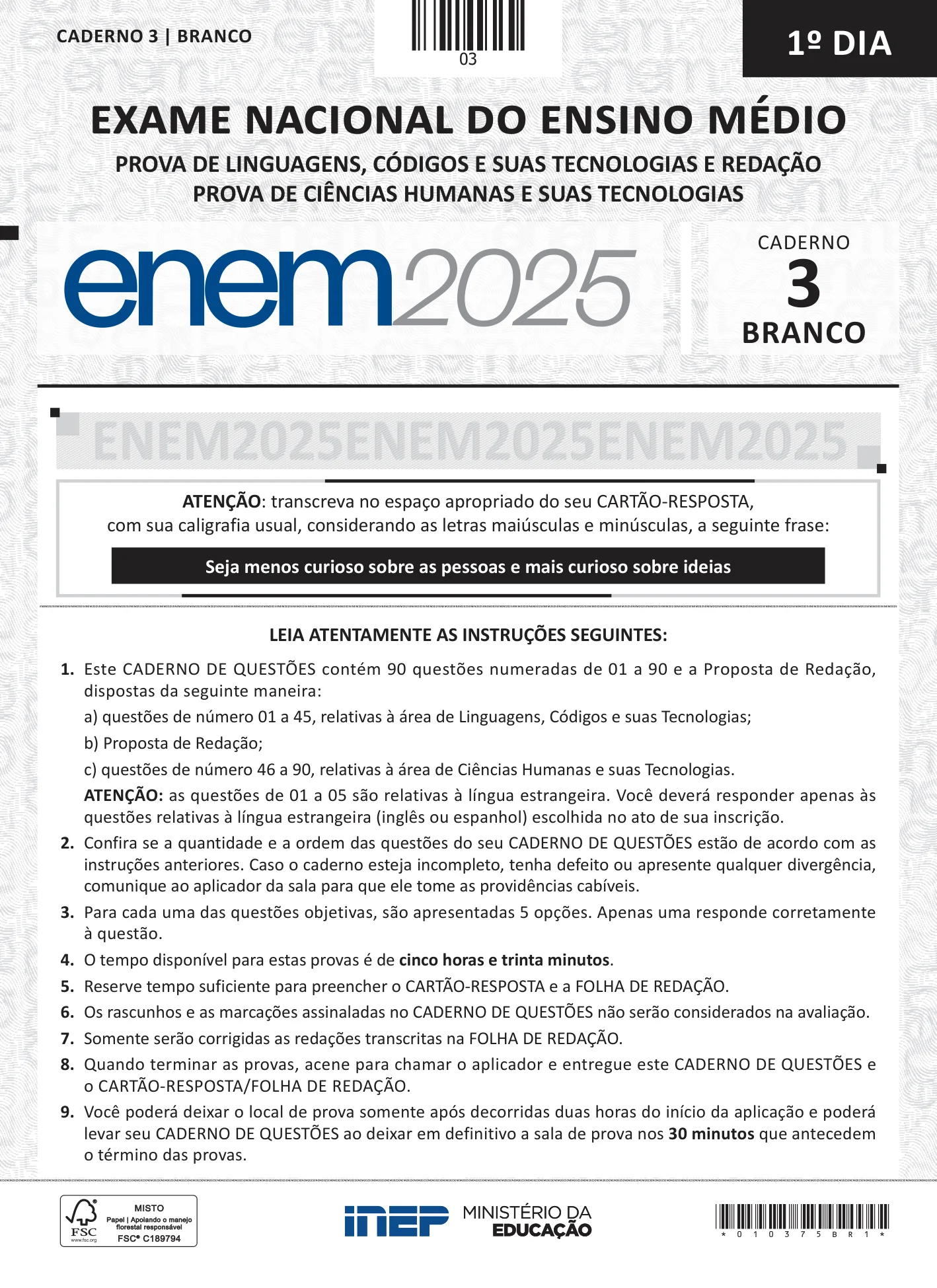 ENEM 2025 Dia 1 Caderno Branco