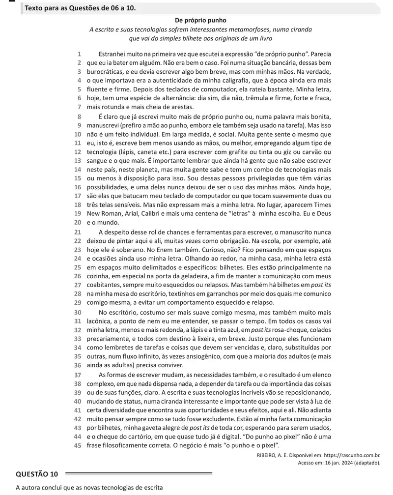 Enunciado da questão 10 do ENEM 2025 Dia 1