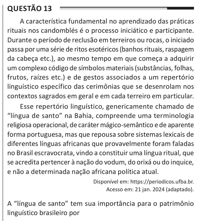 Enunciado da questão 13 do ENEM 2025 Dia 1