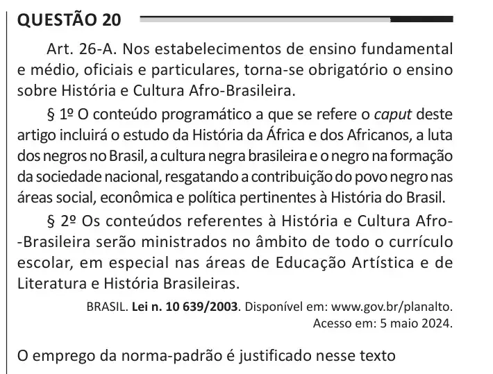 Enunciado da questão 20 do ENEM 2025 Dia 1