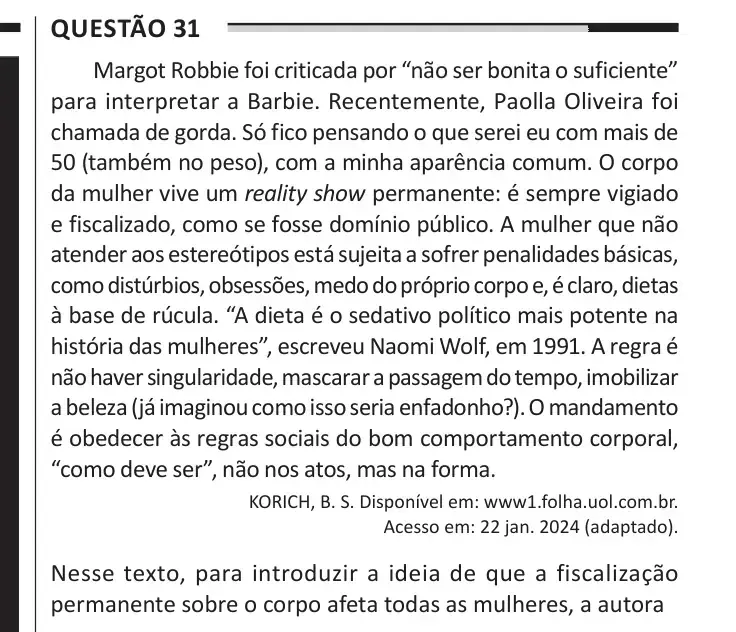 Enunciado da questão 31 do ENEM 2025 Dia 1