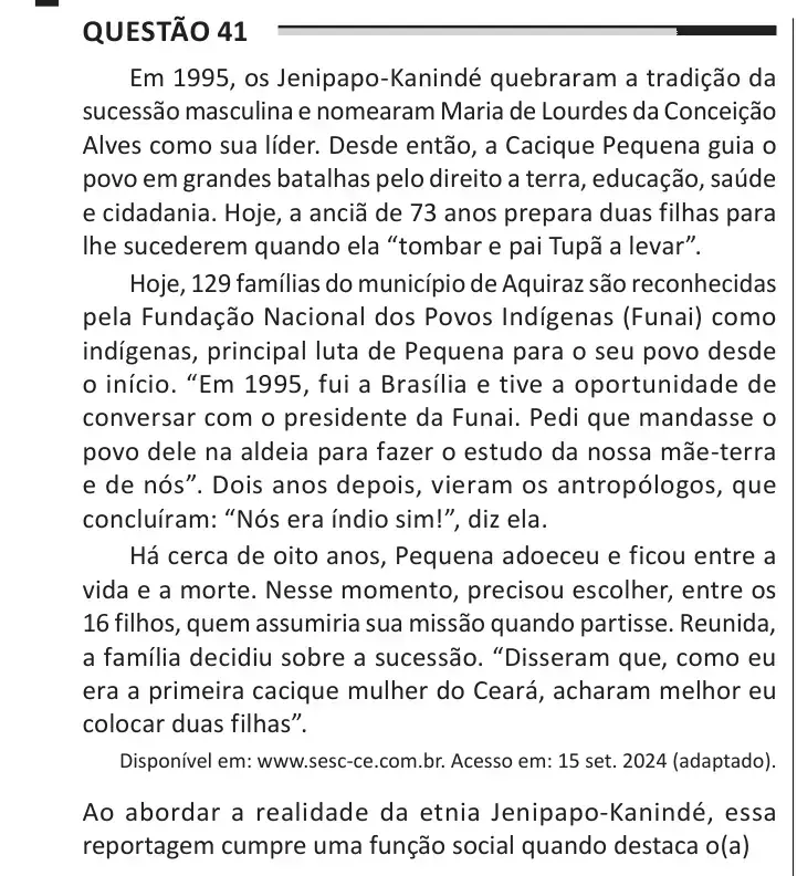 Enunciado da questão 41 do ENEM 2025 Dia 1