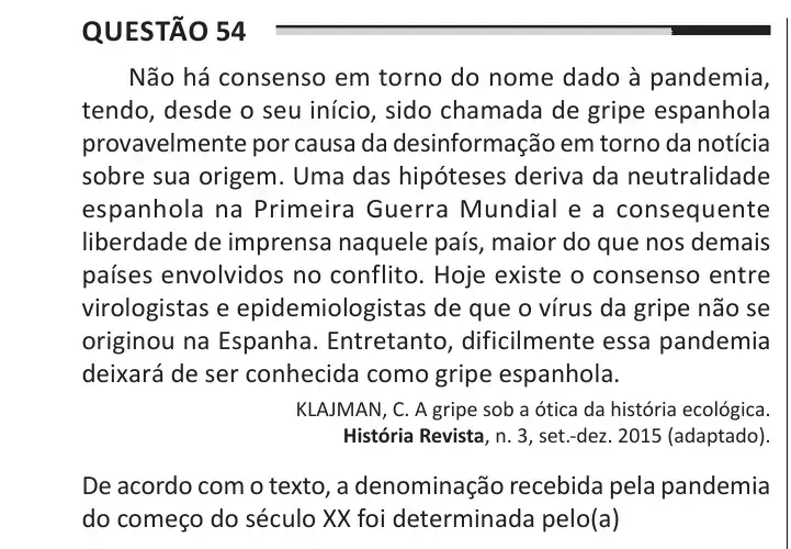 Enunciado da questão 54 do ENEM 2025 Dia 1