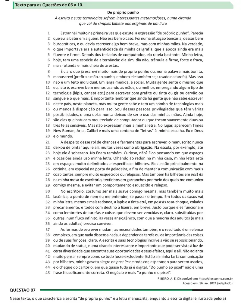 Enunciado da questão 7 do ENEM 2025 Dia 1