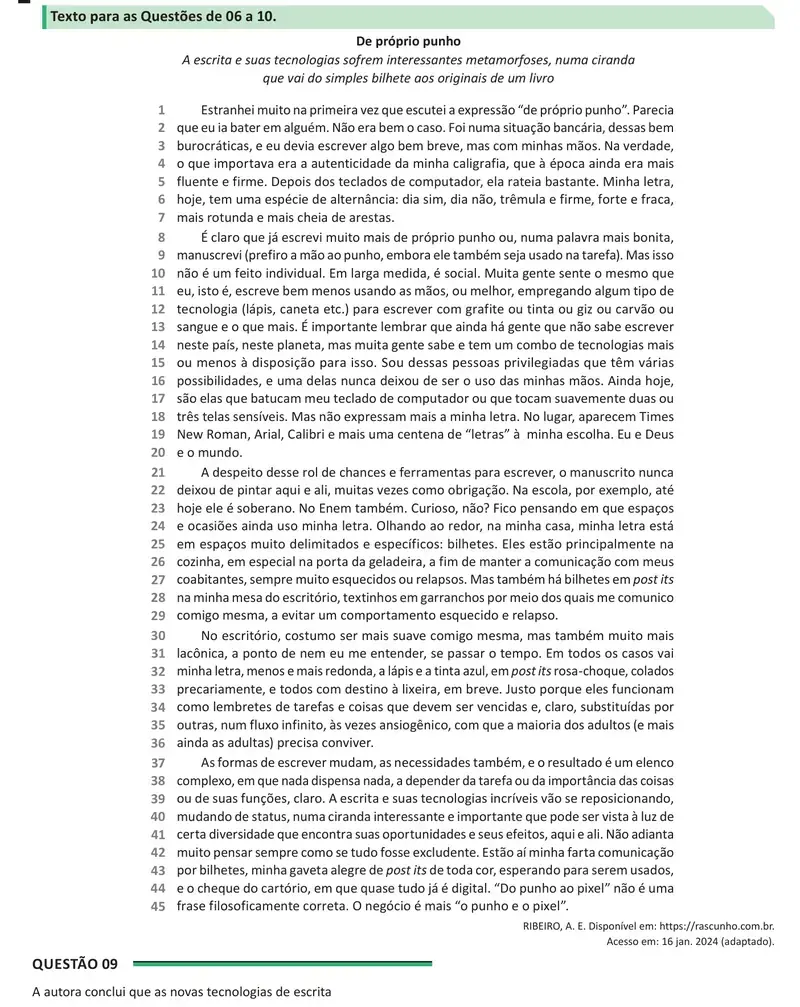 Enunciado da questão 9 do ENEM 2025 Dia 1