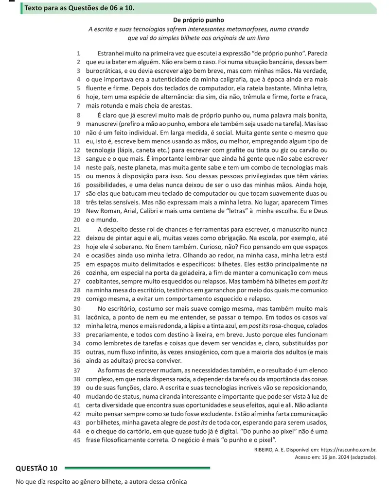 Enunciado da questão 10 do ENEM 2025 Dia 1