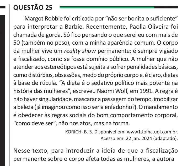 Enunciado da questão 25 do ENEM 2025 Dia 1