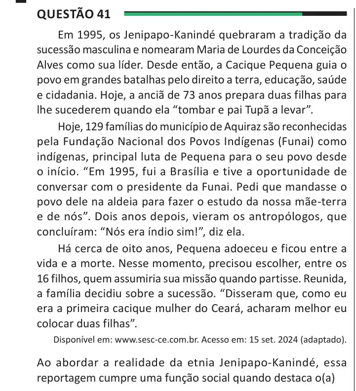 Enunciado da questão 41 do ENEM 2025 Dia 1