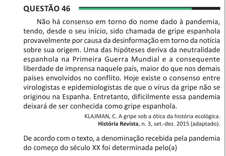 Enunciado da questão 46 do ENEM 2025 Dia 1