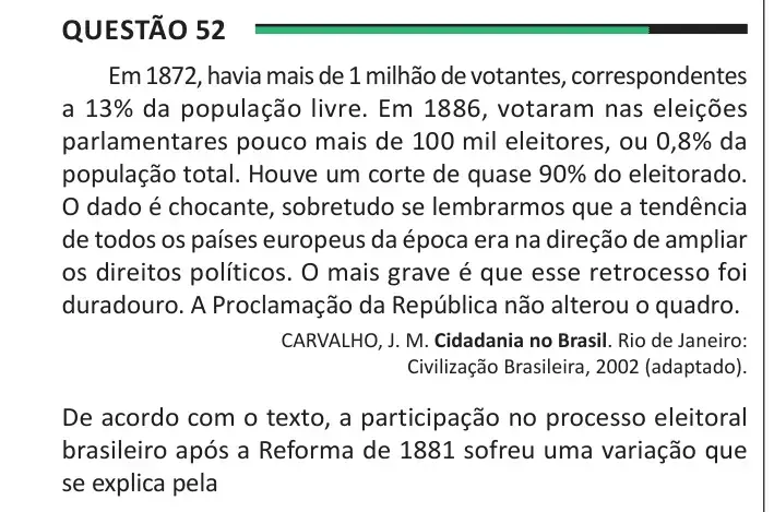 Enunciado da questão 52 do ENEM 2025 Dia 1