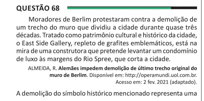 Enunciado da questão 68 do ENEM 2025 Dia 1
