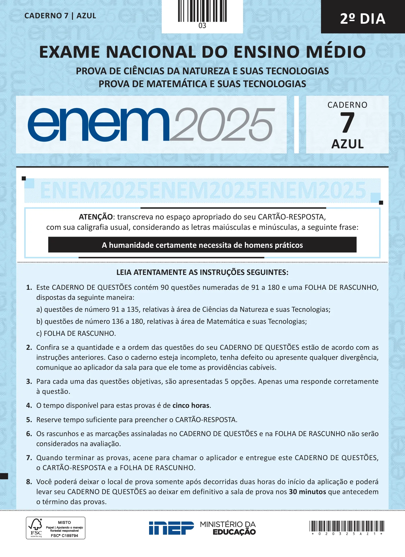 ENEM 2025 Dia 2 Caderno Branco