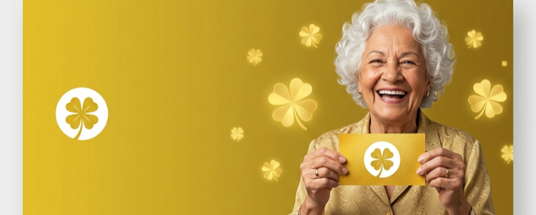 Senhora sorrindo com o bilhete oficial da Timemania